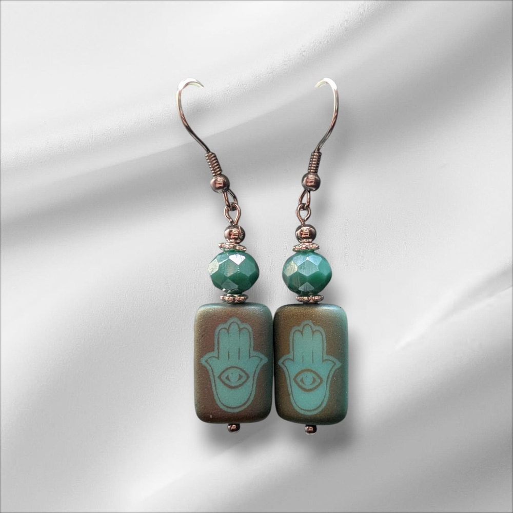 Iridescent Czech Glass Hamsa Dangle Earrings: Stainless Steel Hooks